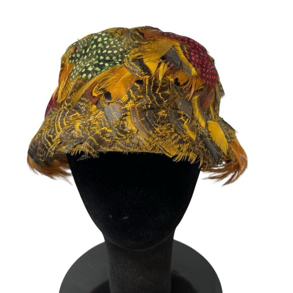 Vintage Women's Pheasant Feather Hat Cap Size 7 Retro 1940's Union Made in USA - Picture 2 of 8